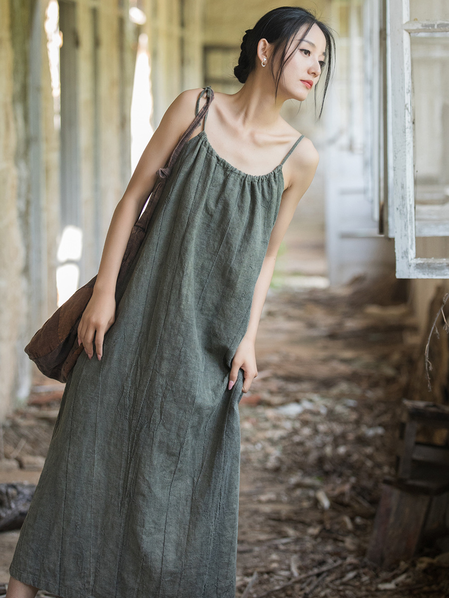 Linen Dress Wrap - Gaun Wanita Gaya Cina Baru, Bahan